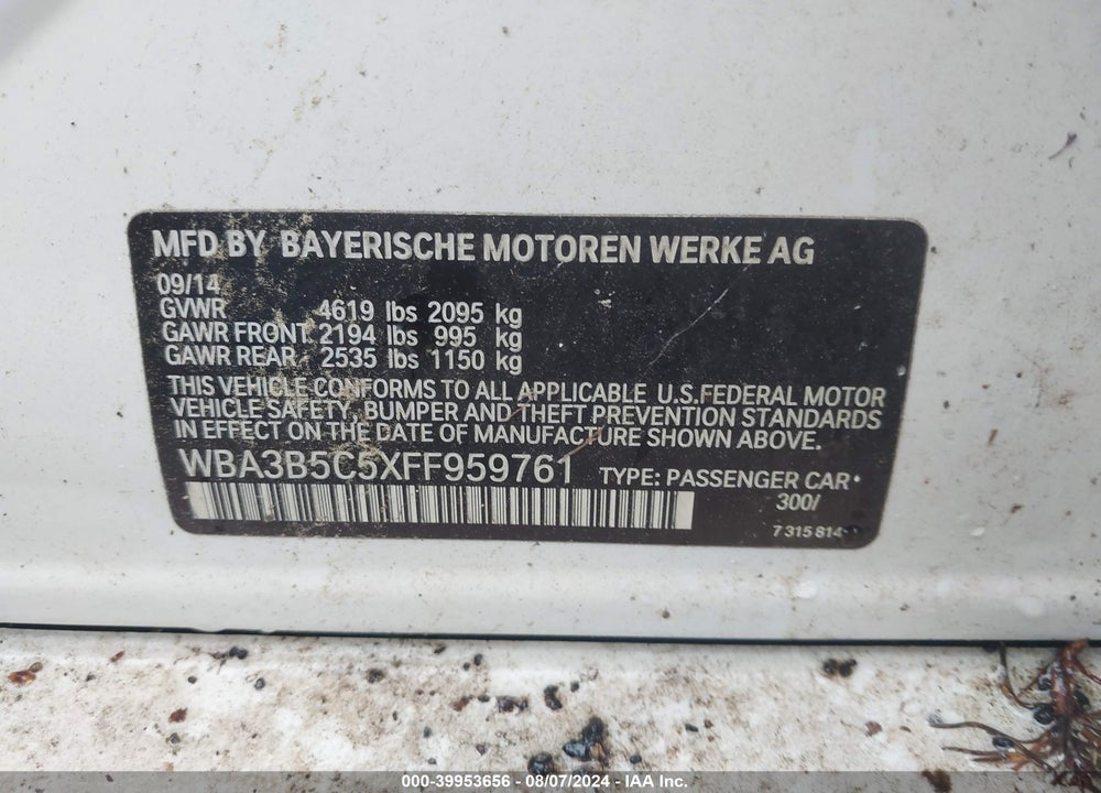 2015 BMW 328I XDRIVE VIN: WBA3B5C5XFF959761