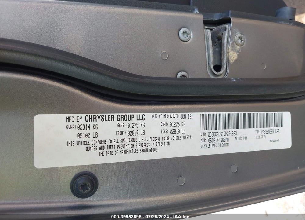 2012 CHRYSLER 300 LIMITED VIN: 2C3CCACG1CH274993