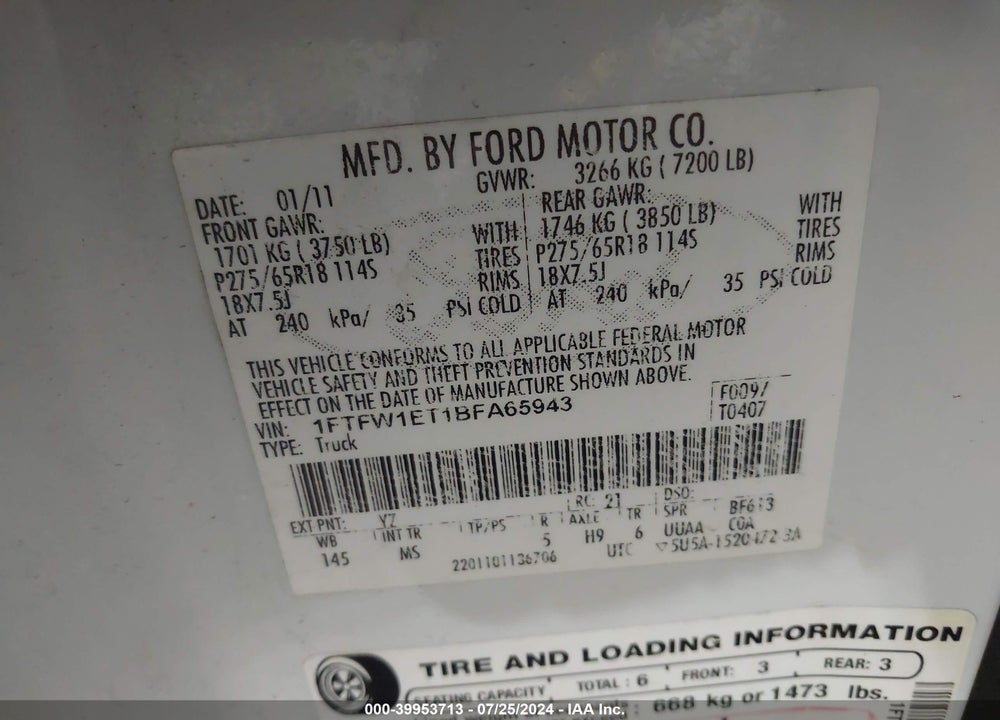 2011 FORD F-150 XLT VIN: 1FTFW1ET1BFA65943
