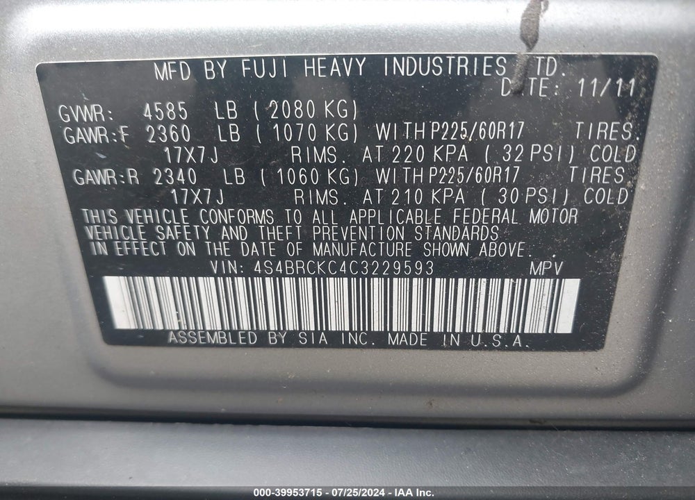 2012 SUBARU OUTBACK 2.5I LIMITED VIN: 4S4BRCKC4C3229593
