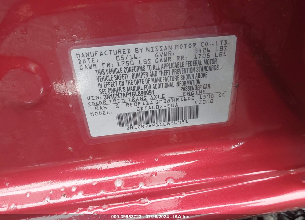 2016 NISSAN VERSA 1.6 SV VIN: 3N1CN7AP1GL896991
