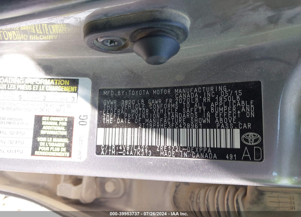 2015 TOYOTA COROLLA ECO/ECO PLUS/ECO PREMIUM VIN: 2T1BPRHE3FC428961