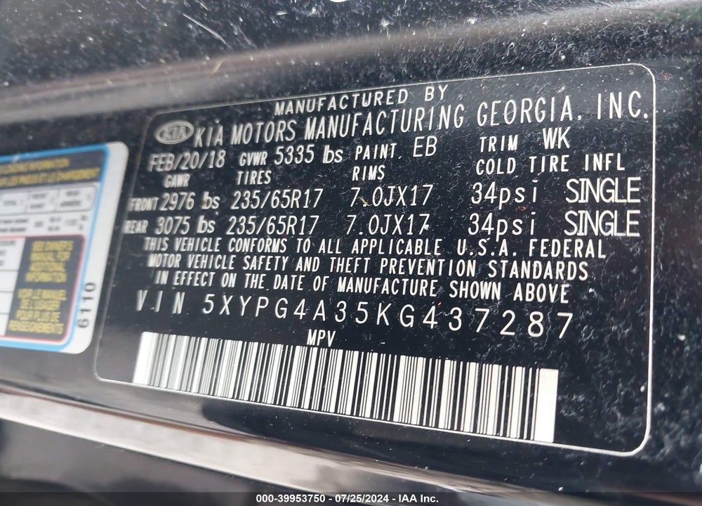 2019 KIA SORENTO 2.4L L VIN: 5XYPG4A35KG437287