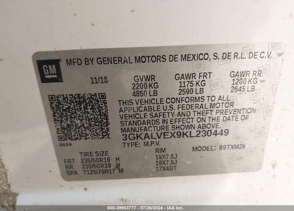 2019 GMC TERRAIN SLT VIN: 3GKALVEX9KL230449