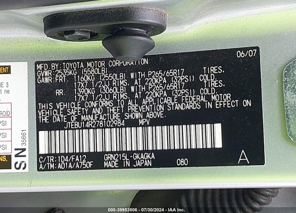 2007 TOYOTA 4RUNNER SPORT V6/SR5 V6 VIN: JTEBU14R278102984