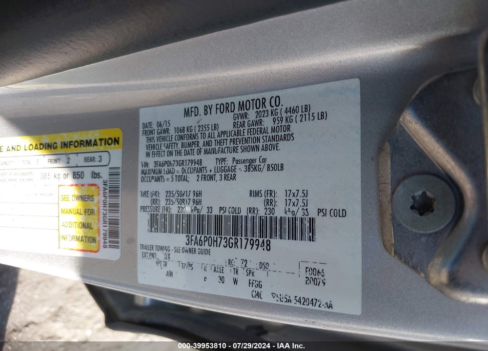 2016 FORD FUSION SE VIN: 3FA6P0H73GR179948