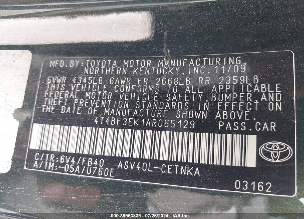 2010 TOYOTA CAMRY LE/SE/XLE VIN: 4T4BF3EK1AR065129
