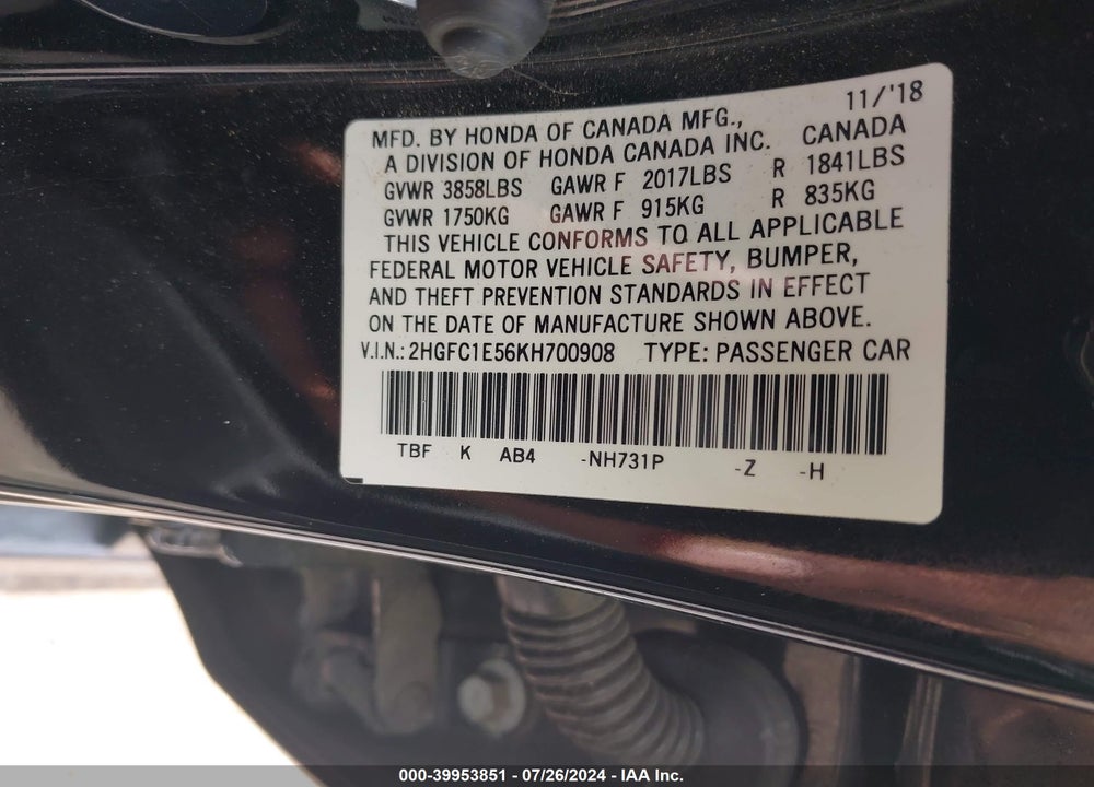 2019 HONDA CIVIC SI VIN: 2HGFC1E56KH700908