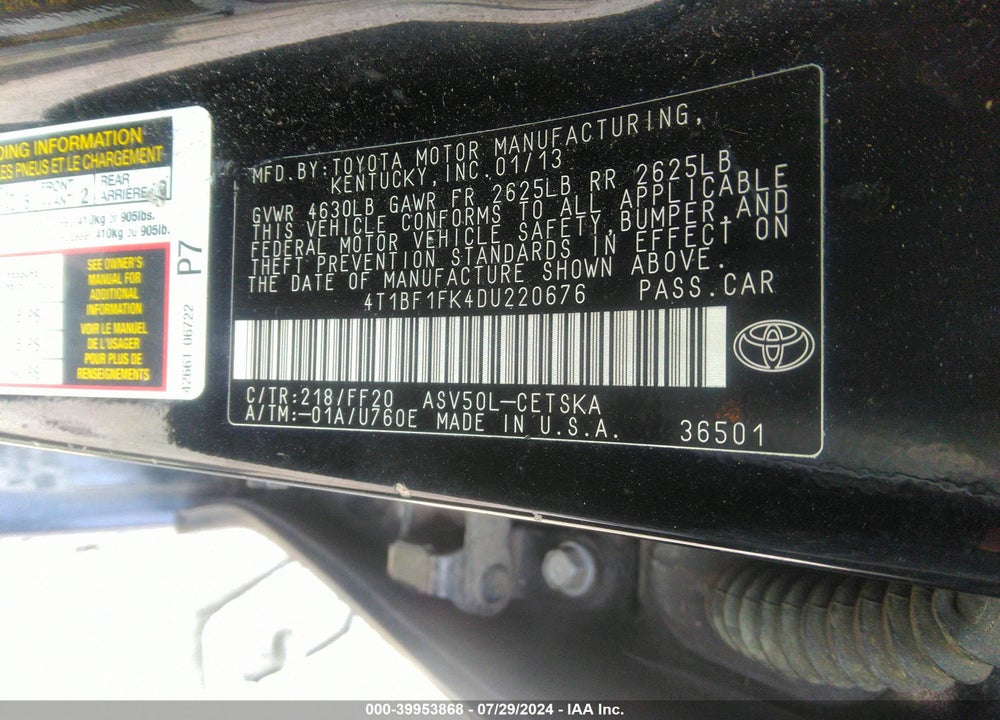 2013 TOYOTA CAMRY L/LE/SE/XLE VIN: 4T1BF1FK4DU220676