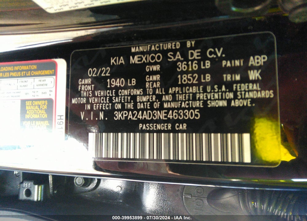 2022 KIA RIO LX VIN: 3KPA24AD3NE463305