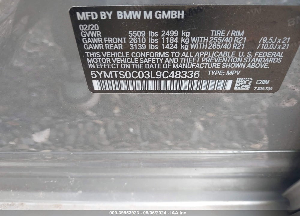 2020 BMW X3 M COMPETITION VIN: 5YMTS0C03L9C48336