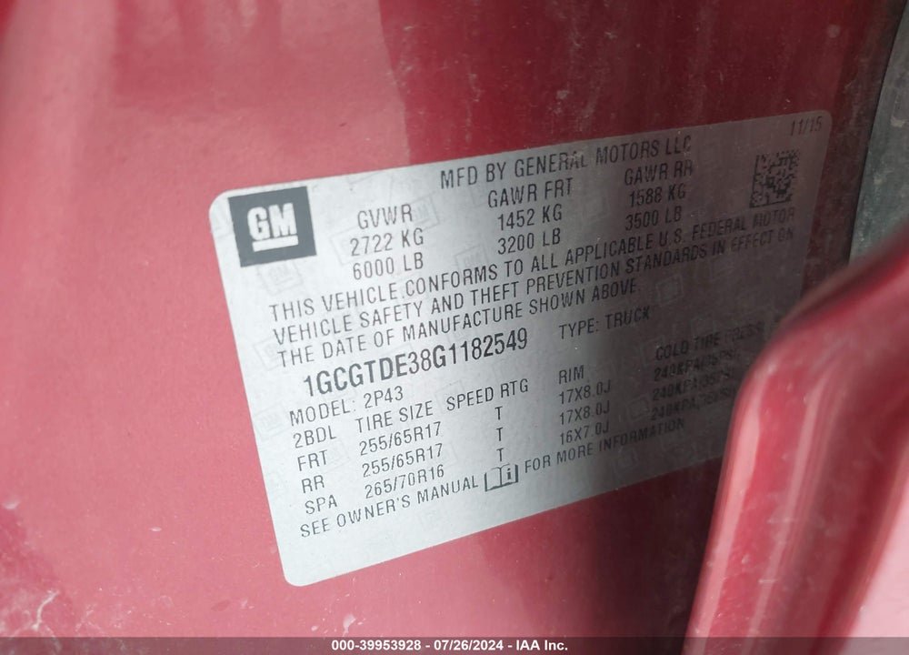 2016 CHEVROLET COLORADO Z71 VIN: 1GCGTDE38G1182549