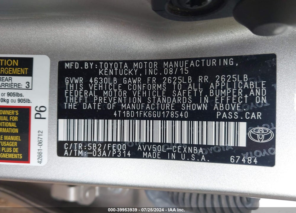 2016 TOYOTA CAMRY HYBRID LE/SE/XLE VIN: 4T1BD1FK6GU178540