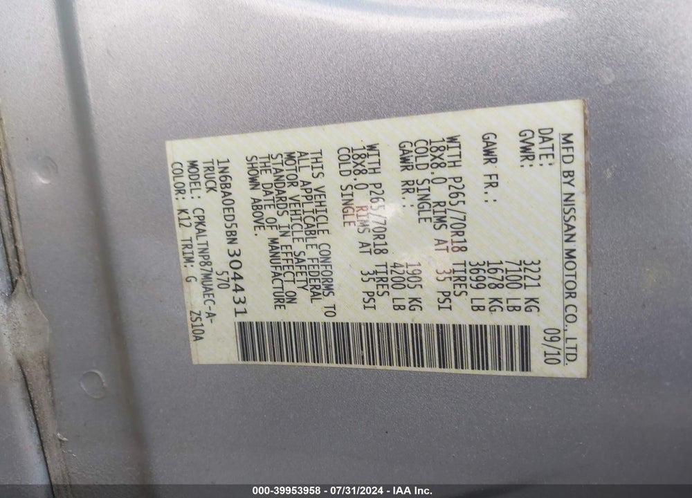 2011 NISSAN TITAN SV VIN: 1N6BA0ED5BN304431
