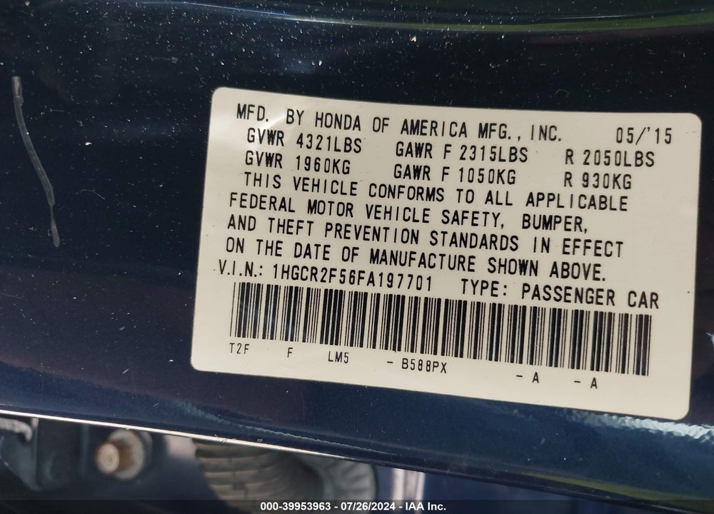 2015 HONDA ACCORD VIN: 1HGCR2F56FA197701