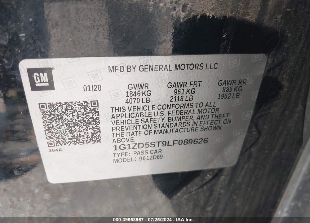 2020 CHEVROLET MALIBU FWD LT VIN: 1G1ZD5ST9LF089626