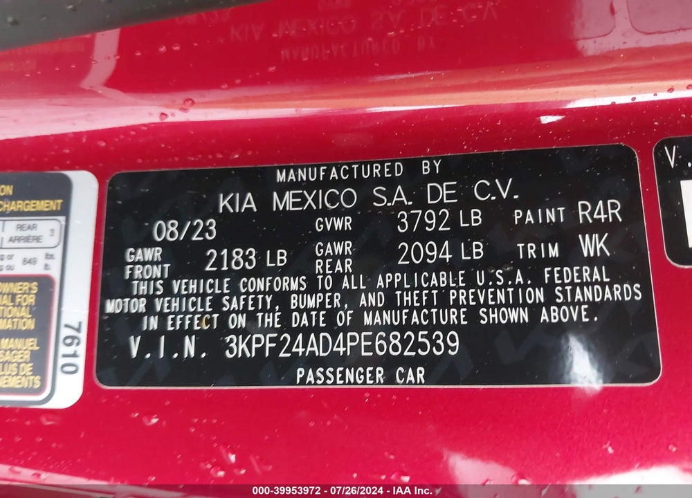 2023 KIA FORTE LXS VIN: 3KPF24AD4PE682539