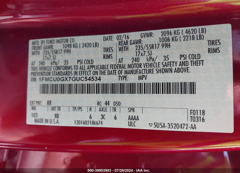 2016 FORD ESCAPE SE VIN: 1FMCU0GX7GUC54534