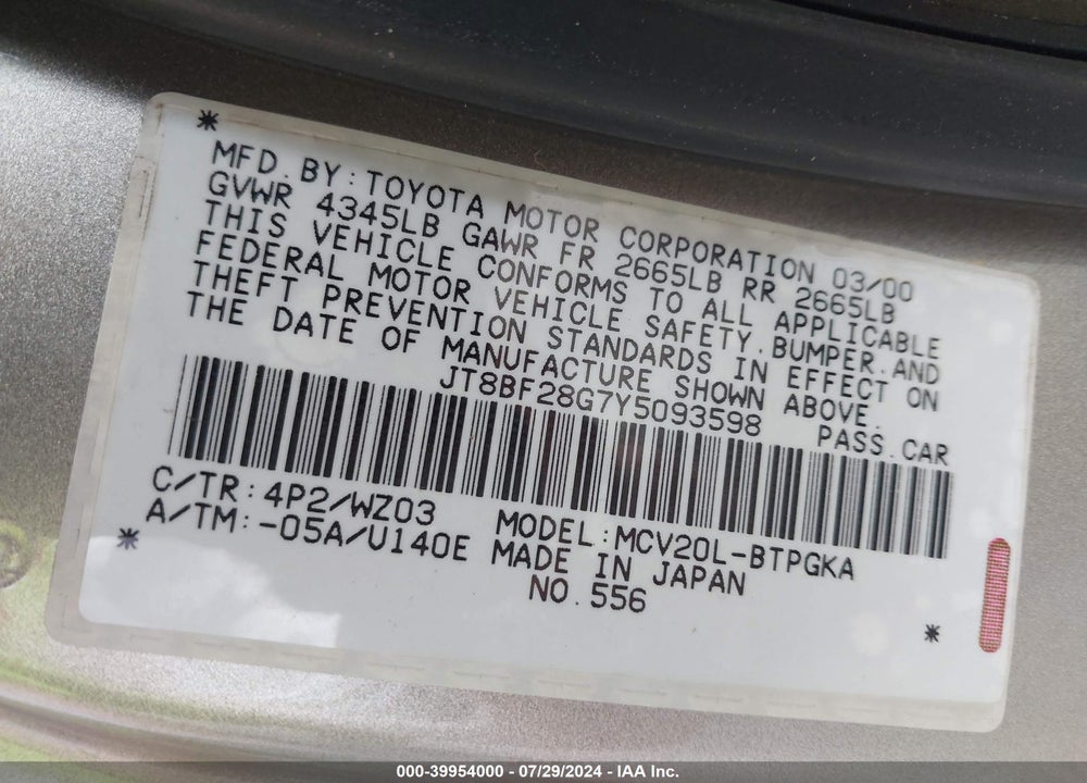 2000 LEXUS ES 300 VIN: JT8BF28G7Y5093598