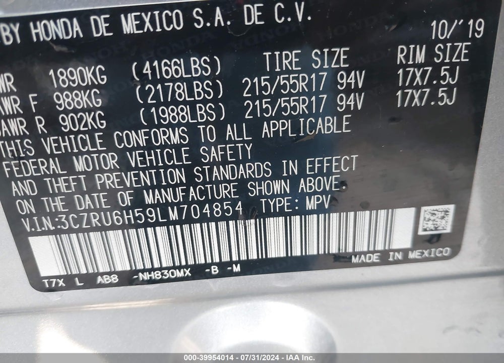 2020 HONDA HR-V AWD EX VIN: 3CZRU6H59LM704854