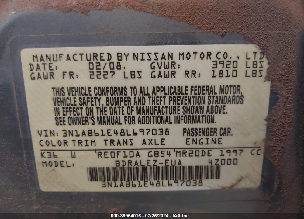 2008 NISSAN SENTRA 2.0S VIN: 3N1AB61E48L697038