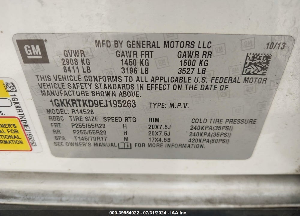 2014 GMC ACADIA DENALI VIN: 1GKKRTKD9EJ195263