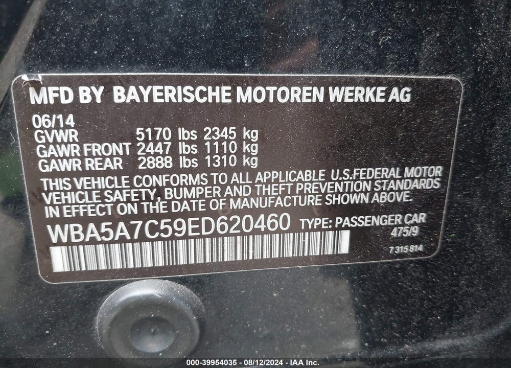 2014 BMW 528I XDRIVE VIN: WBA5A7C59ED620460