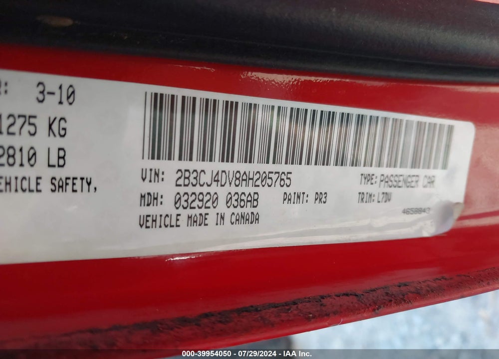2010 DODGE CHALLENGER SE VIN: 2B3CJ4DV8AH205765