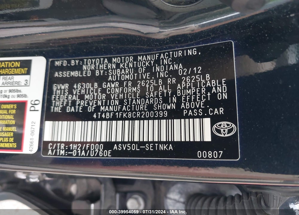 2012 TOYOTA CAMRY L/LE/SE/SE LIMITED EDITION/XLE VIN: 4T4BF1FK8CR200399