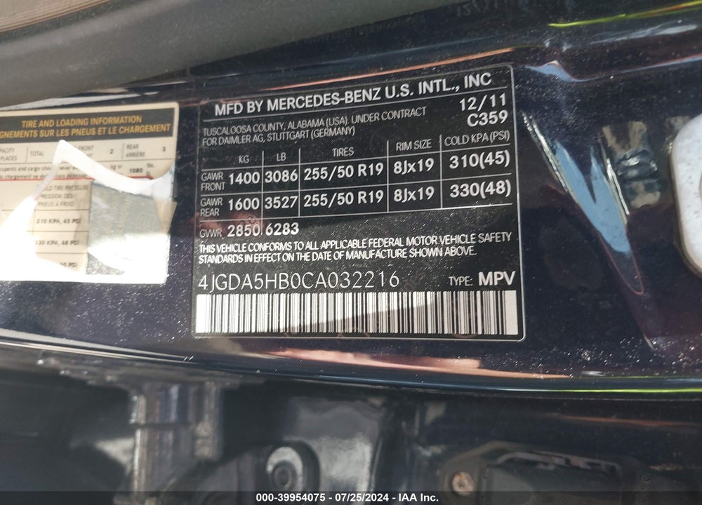 2012 MERCEDES-BENZ ML 350 4MATIC VIN: 4JGDA5HB0CA032216