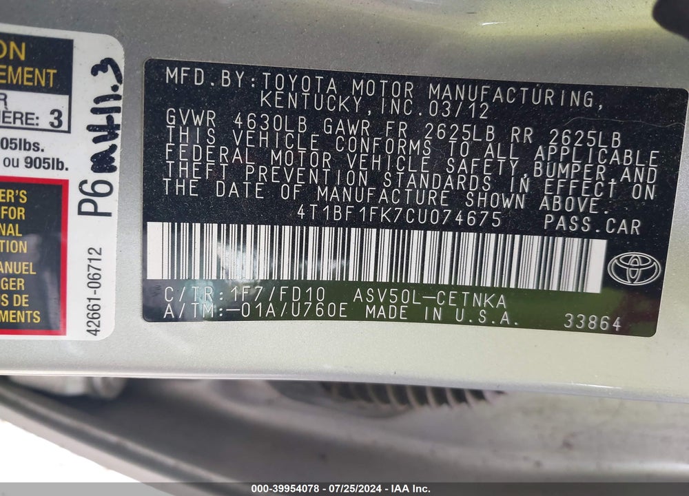 2012 TOYOTA CAMRY LE VIN: 4T1BF1FK7CU074675