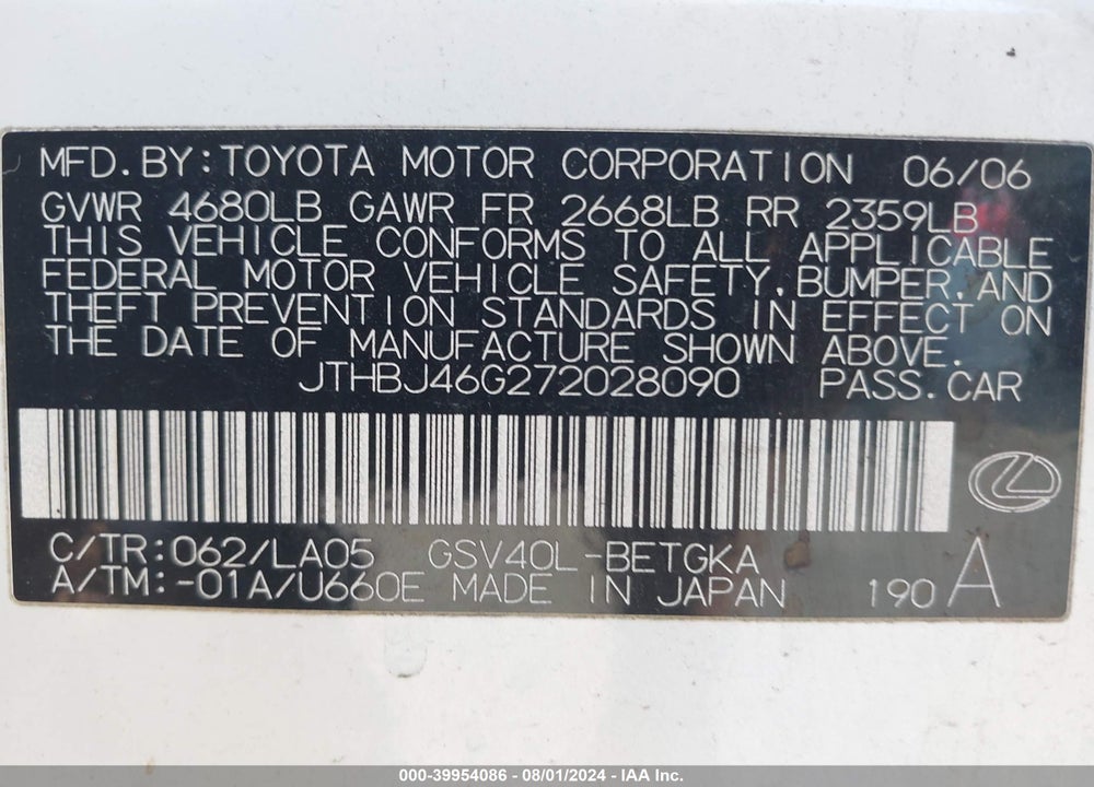 2007 LEXUS ES 350 VIN: JTHBJ46G272028090