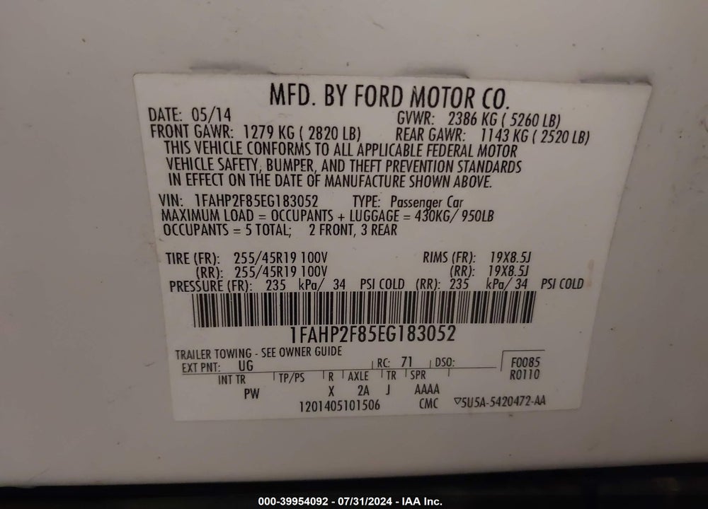 2014 FORD TAURUS LIMITED VIN: 1FAHP2F85EG183052