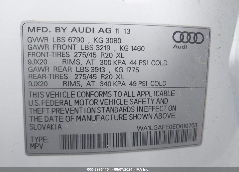 2014 AUDI Q7 3.0T PREMIUM VIN: WA1LGAFE0ED010703