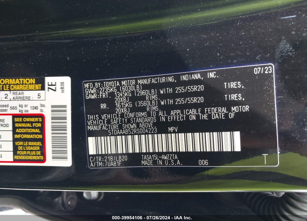2024 TOYOTA GRAND HIGHLANDER LIMITED/PLATINUM/XLE VIN: 5TDAAAB52RS004223