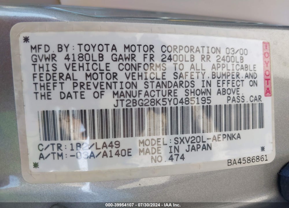 2000 TOYOTA CAMRY LE VIN: JT2BG28K5Y0485195