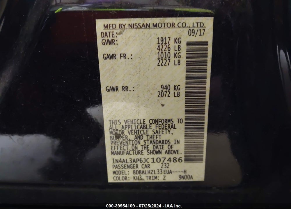 2018 NISSAN ALTIMA 2.5 SR VIN: 1N4AL3AP6JC107486