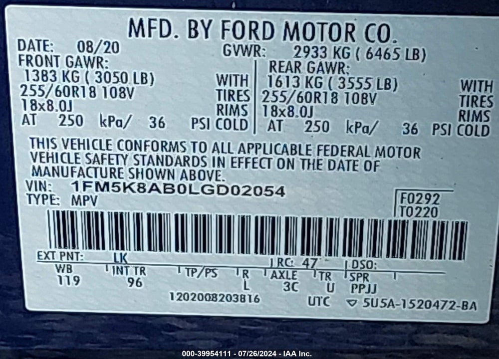 2020 FORD POLICE INTERCEPTOR UTILITY VIN: 1FM5K8AB0LGD02054