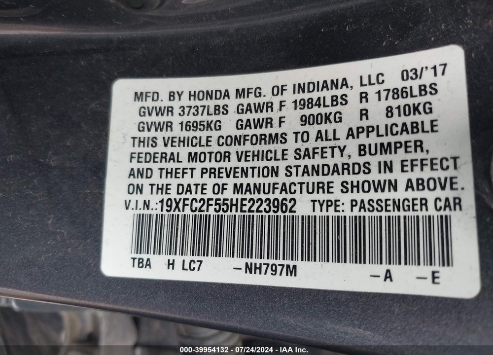2017 HONDA CIVIC LX VIN: 19XFC2F55HE223962