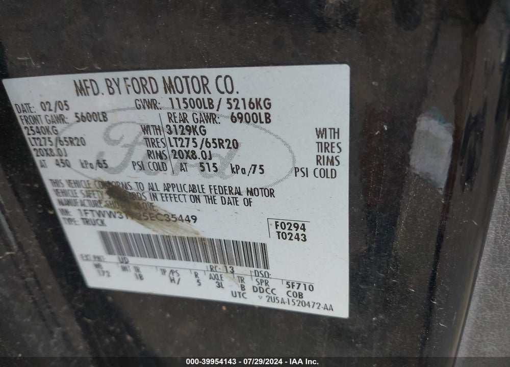 2005 FORD F-350 LARIAT/XL/XLT VIN: 1FTWW31P25EC35449