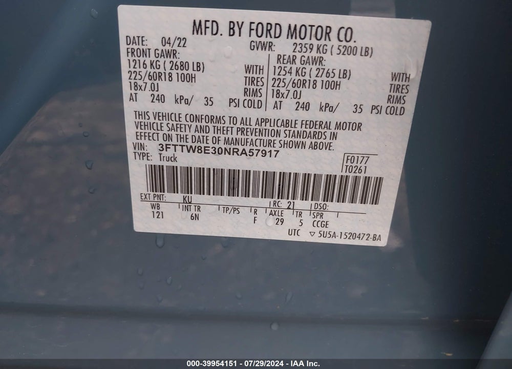 2022 FORD MAVERICK LARIAT VIN: 3FTTW8E30NRA57917