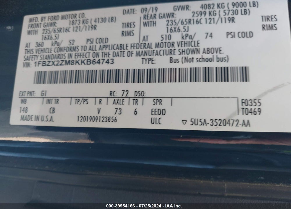 2019 FORD TRANSIT-350 VIN: 1FBZX2ZM8KKB64743