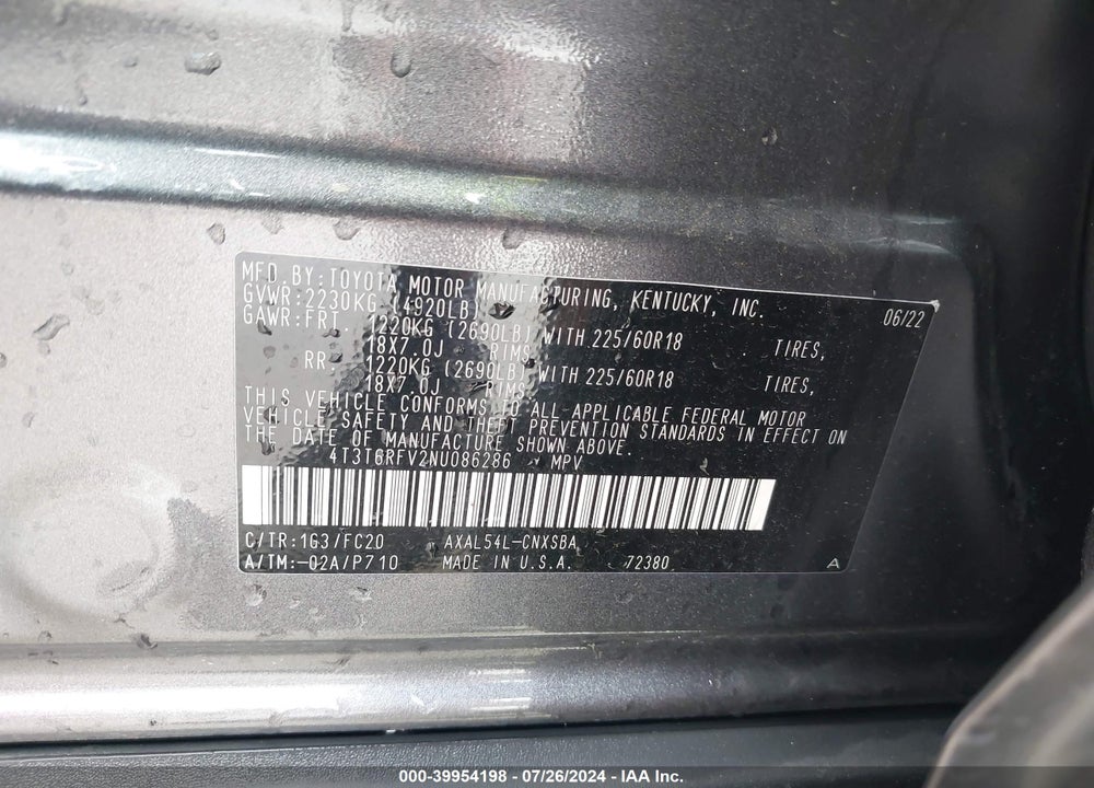 2022 TOYOTA RAV4 HYBRID SE VIN: 4T3T6RFV2NU086286