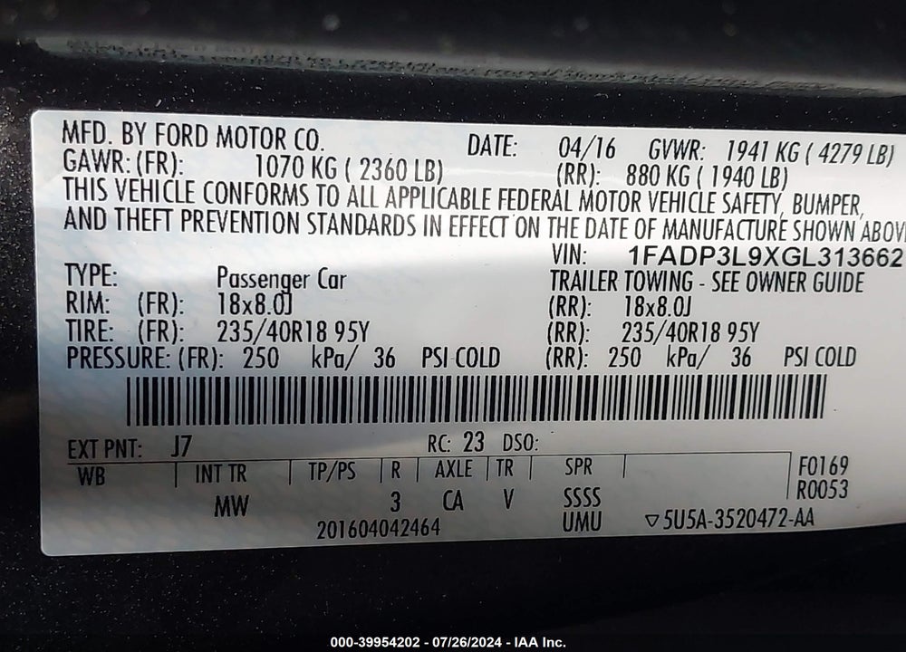 2016 FORD FOCUS ST VIN: 1FADP3L9XGL313662