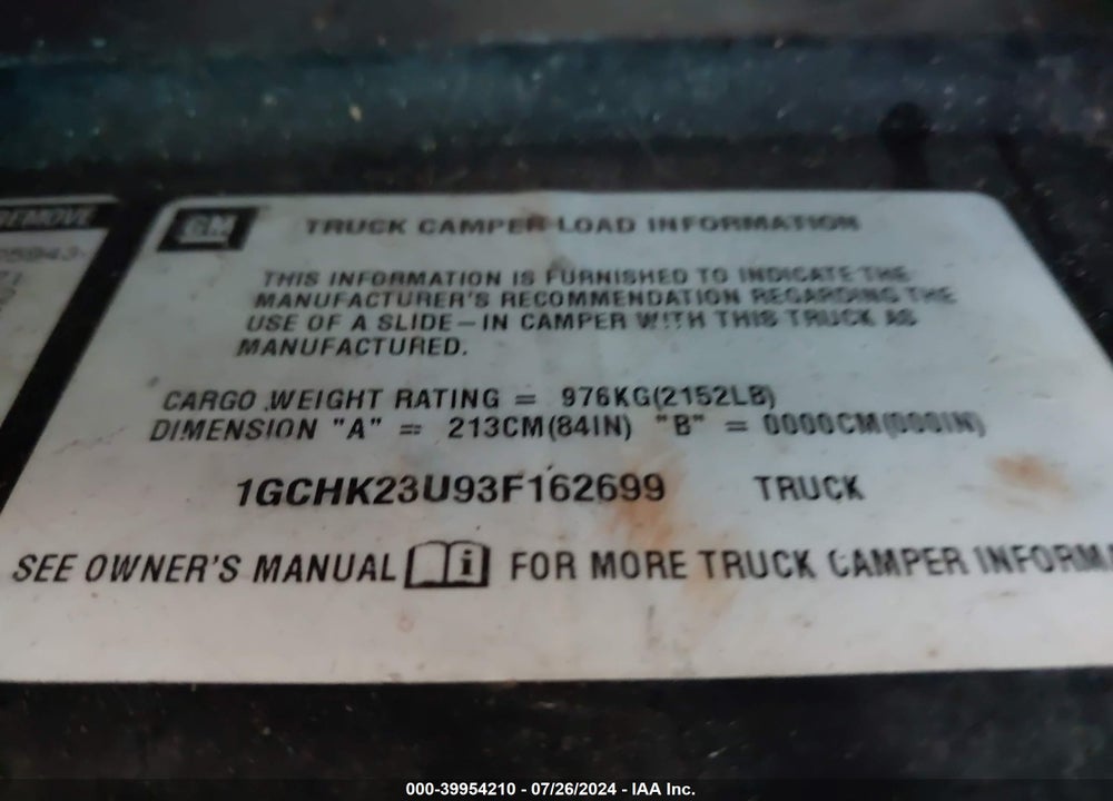 2003 CHEVROLET SILVERADO 2500HD LS VIN: 1GCHK23U93F162699