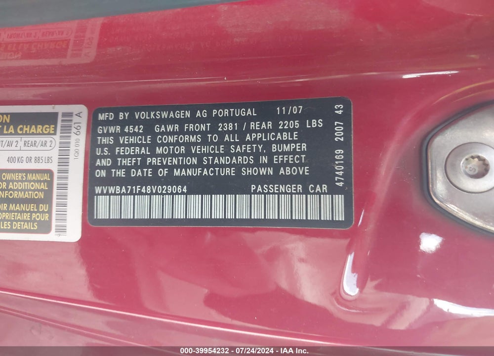 2008 VOLKSWAGEN EOS KOMFORT/TURBO VIN: WVWBA71F48V029064