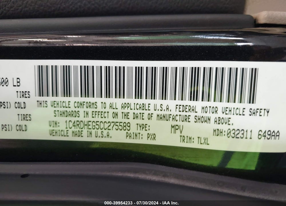 2012 DODGE DURANGO CITADEL VIN: 1C4RDHEG5CC275589