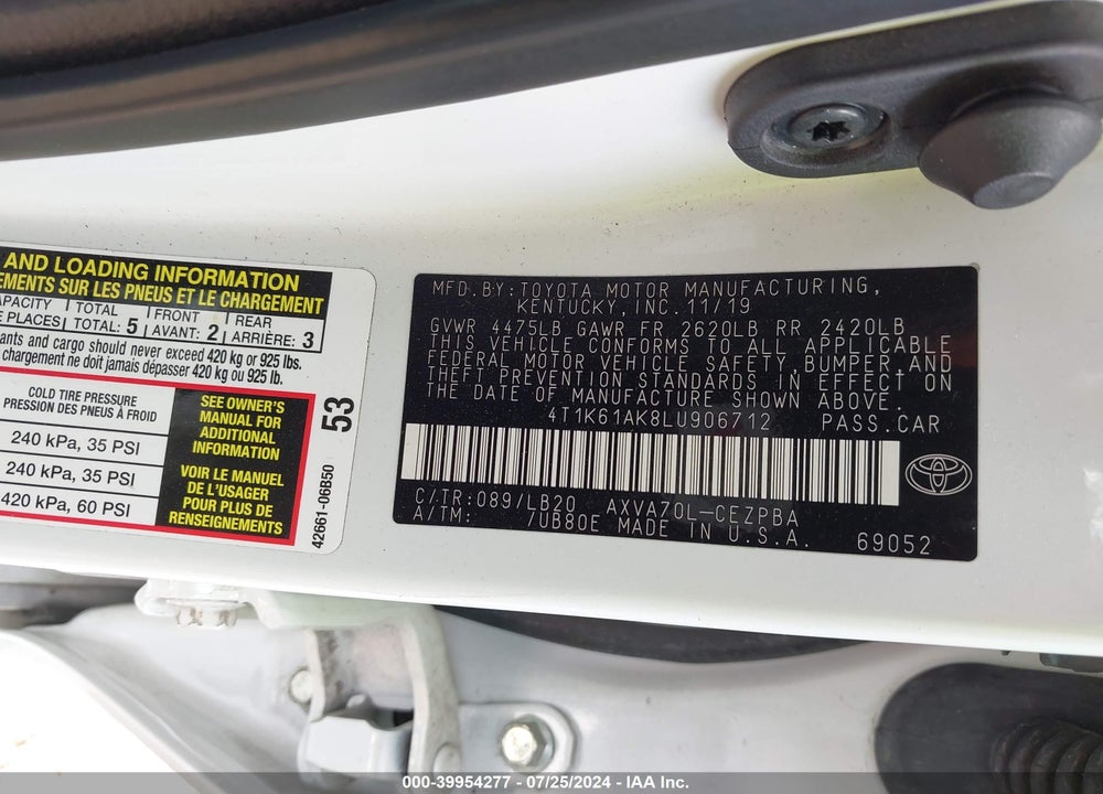 2020 TOYOTA CAMRY XSE VIN: 4T1K61AK8LU906712
