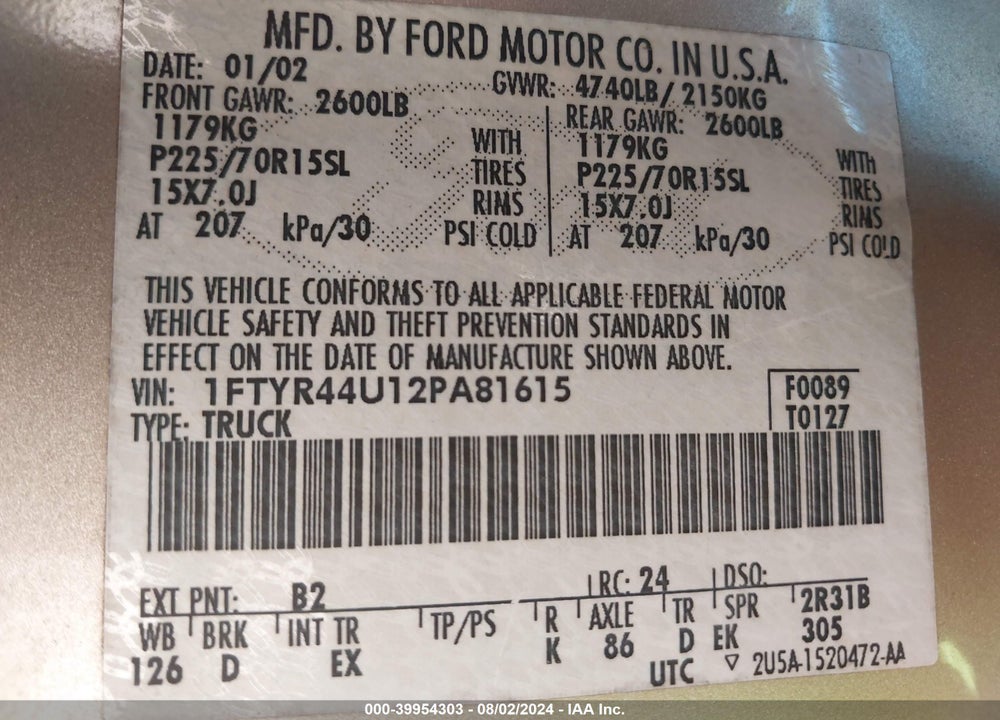 2002 FORD RANGER EDGE/TREMOR/XLT VIN: 1FTYR44U12PA81615
