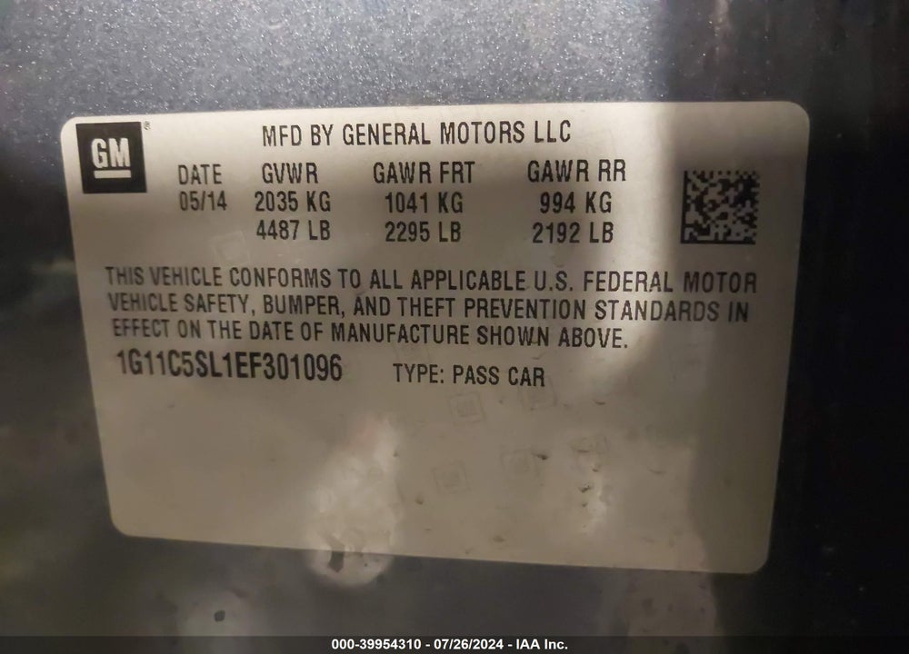 2014 CHEVROLET MALIBU 1LT VIN: 1G11C5SL1EF301096